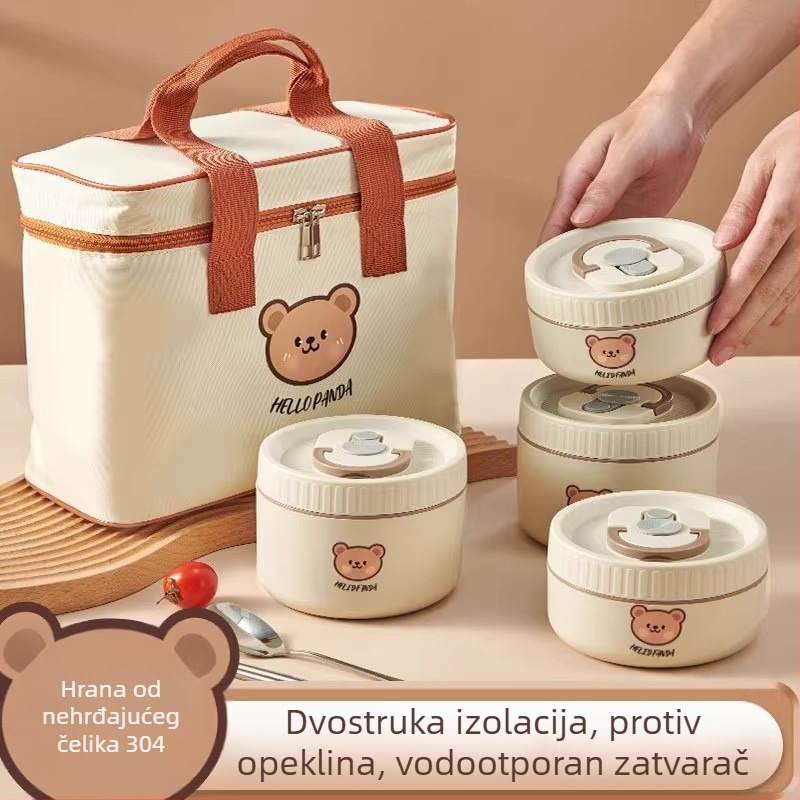 Izolirana kutija za ručak, kompatibilna s mikrovalnom pećnicom, prijenosna, motiv Malog medvjedića, kapacitet 301–800 ml, materijal PP