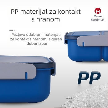 Kutija za ručak od PP plastike s odvojivim pregradama, otporna na mikrovalnu, pravokutnog oblika, jednoslojna, kapacitet 1–2 L, za odrasle.