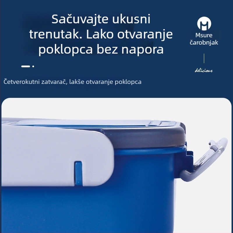 Kutija za ručak od PP plastike s odvojivim pregradama, otporna na mikrovalnu, pravokutnog oblika, jednoslojna, kapacitet 1–2 L, za odrasle.