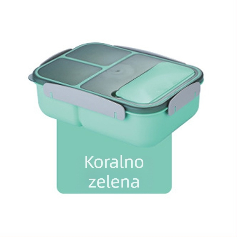 Kutija za ručak od PP plastike s odvojivim pregradama, otporna na mikrovalnu, pravokutnog oblika, jednoslojna, kapacitet 1–2 L, za odrasle.
