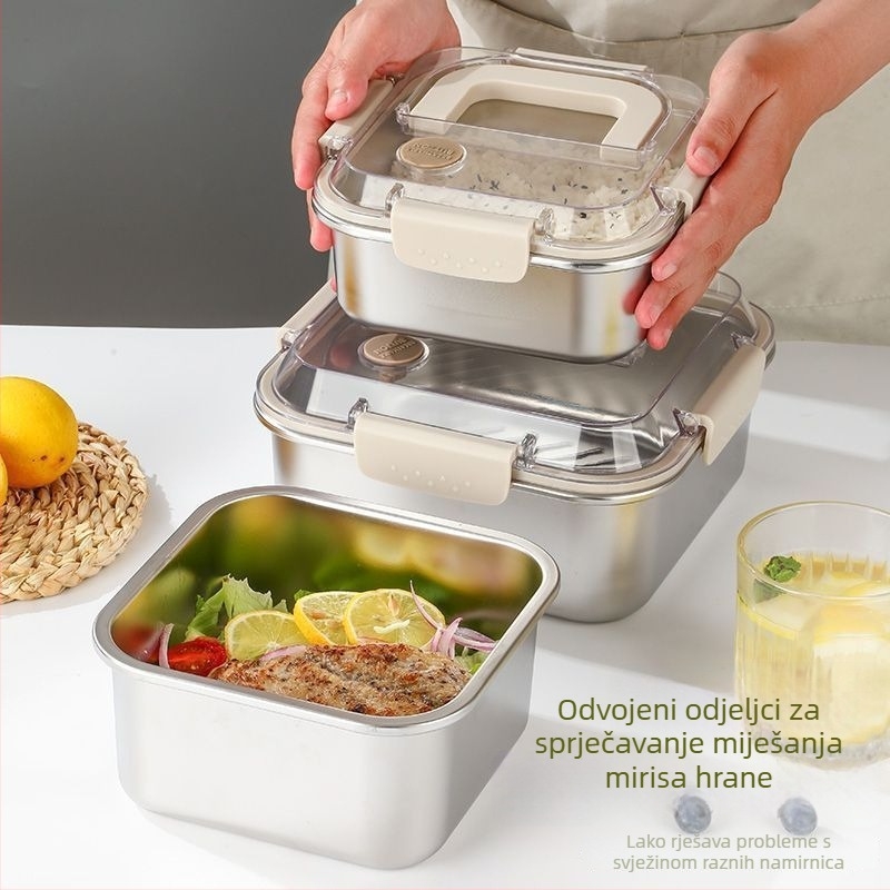 Nerđajući čelik kutija za ručak s hermetičnim poklopcem, četvrtasti oblik, 800–1000 ml, mikrovalna sigurna, moderni minimalistički dizajn