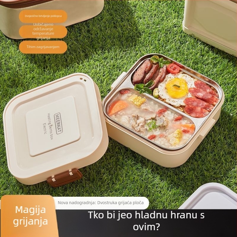 Električna kutija za ručak s grijanim bez vode, izolirana s dvostrukim pretincem, kapacitet do 1 L, kontrola temperature