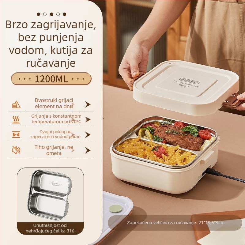 Električna kutija za ručak s grijanim bez vode, izolirana s dvostrukim pretincem, kapacitet do 1 L, kontrola temperature