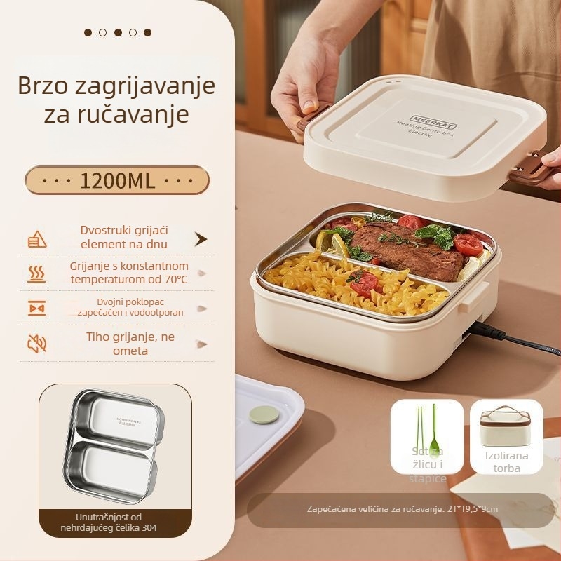 Električna kutija za ručak s grijanim bez vode, izolirana s dvostrukim pretincem, kapacitet do 1 L, kontrola temperature