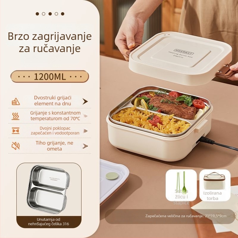 Električna kutija za ručak s grijanim bez vode, izolirana s dvostrukim pretincem, kapacitet do 1 L, kontrola temperature