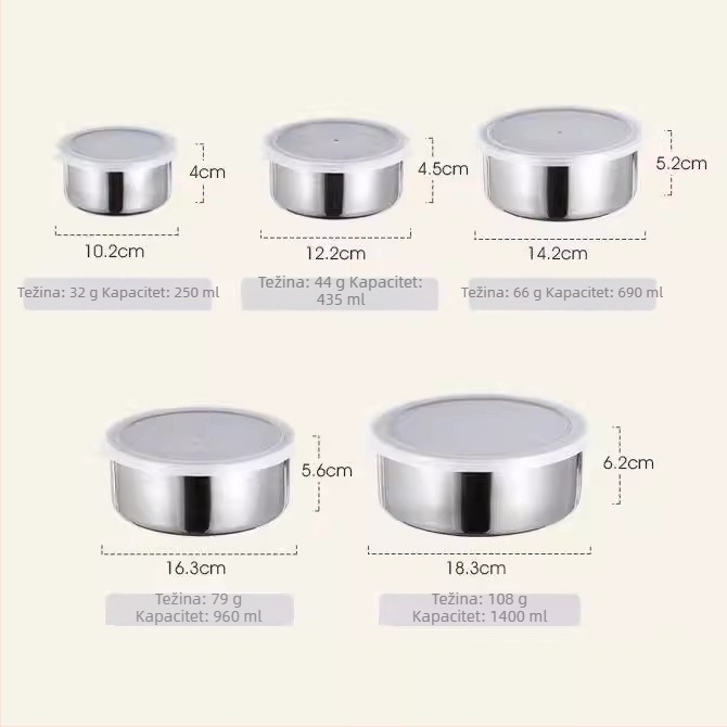 Nehrđajući čelični zatvoreni kutija za pohranu s poklopcem – okrugla, pet dijelova seta, jednostavan dizajn, kapacitet 0,5–2 l