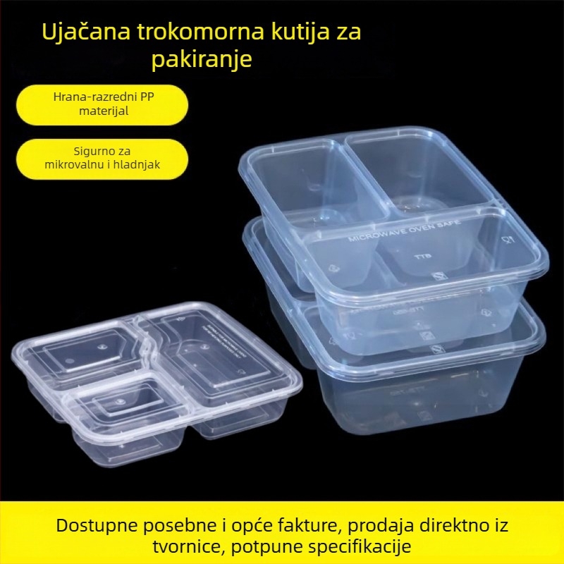 Jednokratna kutija za dostavu s tri odjeljka, PP materijal, sigurna u mikrovalnoj pećnici, može se prilagoditi otiskom logotipa