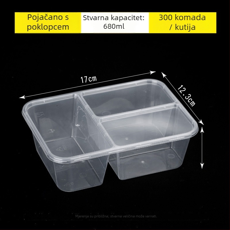 Jednokratna kutija za dostavu s tri odjeljka, PP materijal, sigurna u mikrovalnoj pećnici, može se prilagoditi otiskom logotipa