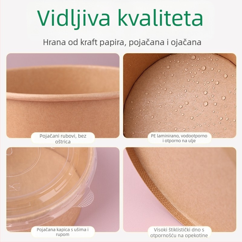 Jednokratna kutija za ručak od Kraft papira, okrugla zdjela, debeli poklopac, otporna na visoke temperature, prehrambena kvaliteta
