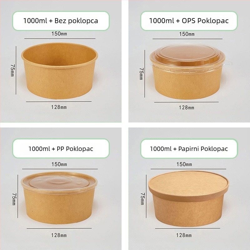 Jednokratna kutija za ručak od Kraft papira, okrugla zdjela, debeli poklopac, otporna na visoke temperature, prehrambena kvaliteta