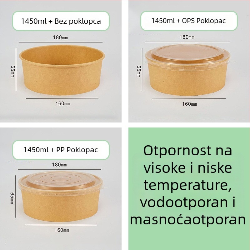Jednokratna kutija za ručak od Kraft papira, okrugla zdjela, debeli poklopac, otporna na visoke temperature, prehrambena kvaliteta