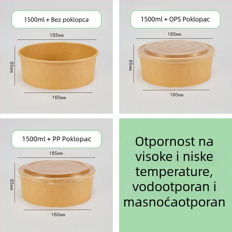 Jednokratna kutija za ručak od Kraft papira, okrugla zdjela, debeli poklopac, otporna na visoke temperature, prehrambena kvaliteta