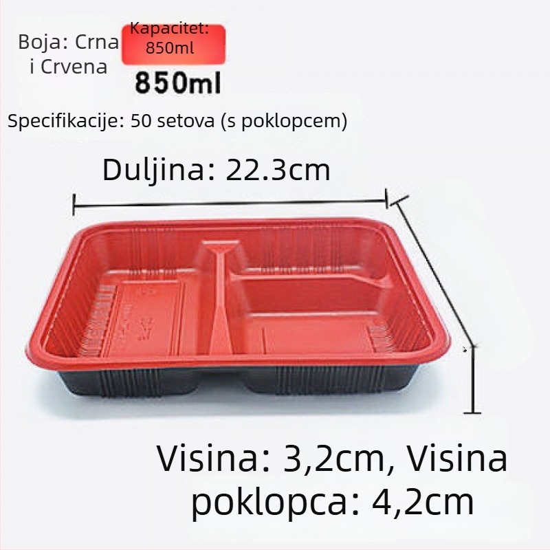 Jednokratna kutija za obrok s odjeljcima, plastična, pravokutnog oblika, s poklopcem, za ponijeti