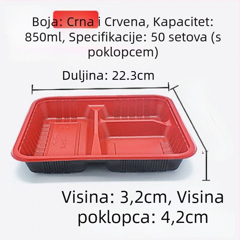 Jednokratna kutija za obrok s odjeljcima, plastična, pravokutnog oblika, s poklopcem, za ponijeti