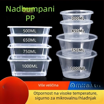 Jednokratna debela plastična kutija za obrok s poklopcem, pravokutni spremnik i okrugla zdjela za dostavu