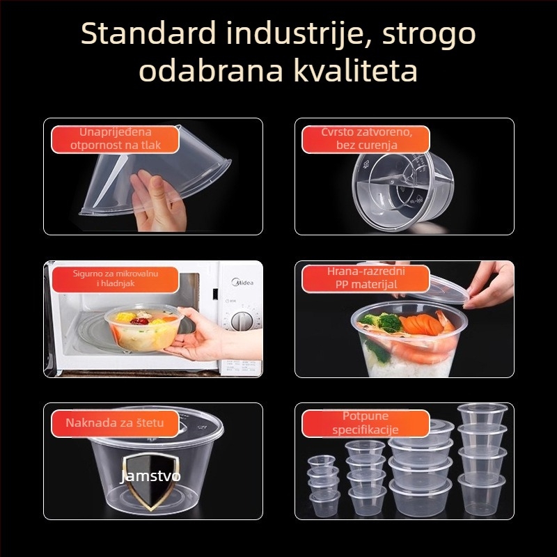 Jednokratna debela plastična kutija za obrok s poklopcem, pravokutni spremnik i okrugla zdjela za dostavu