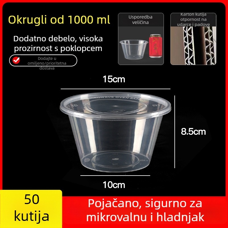Jednokratna debela plastična kutija za obrok s poklopcem, pravokutni spremnik i okrugla zdjela za dostavu