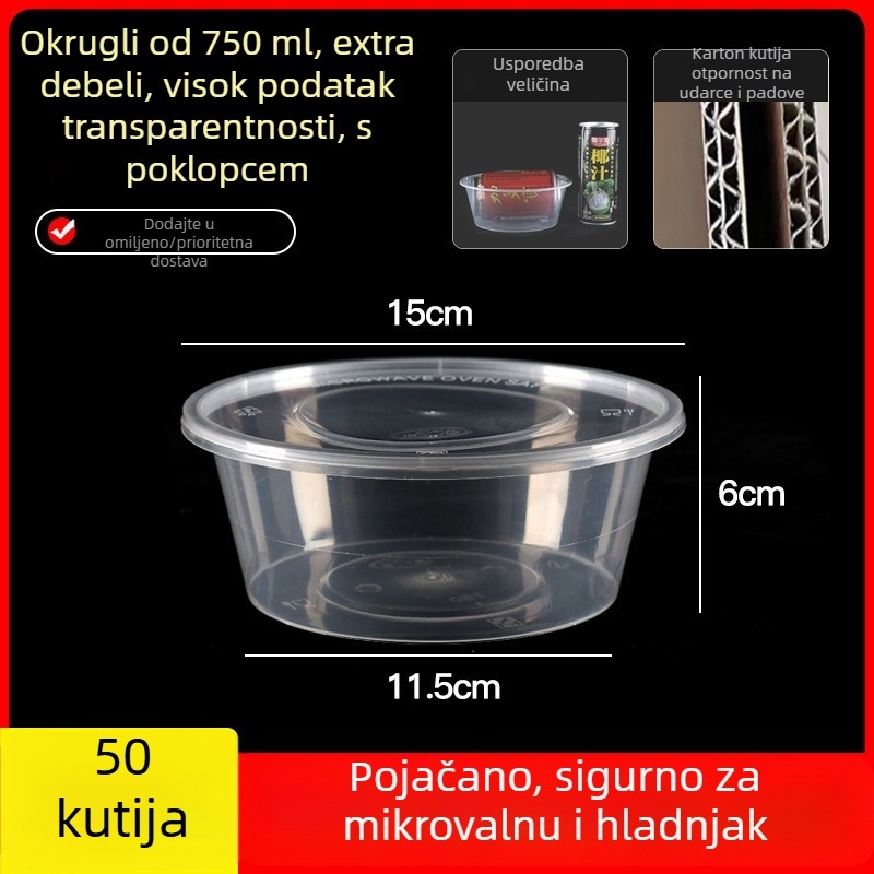 Jednokratna debela plastična kutija za obrok s poklopcem, pravokutni spremnik i okrugla zdjela za dostavu