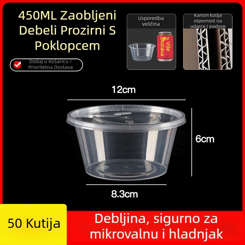 Jednokratna debela plastična kutija za obrok s poklopcem, pravokutni spremnik i okrugla zdjela za dostavu