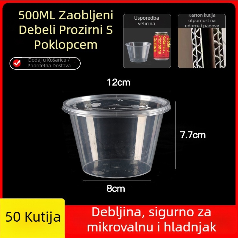 Jednokratna debela plastična kutija za obrok s poklopcem, pravokutni spremnik i okrugla zdjela za dostavu