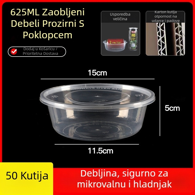Jednokratna debela plastična kutija za obrok s poklopcem, pravokutni spremnik i okrugla zdjela za dostavu