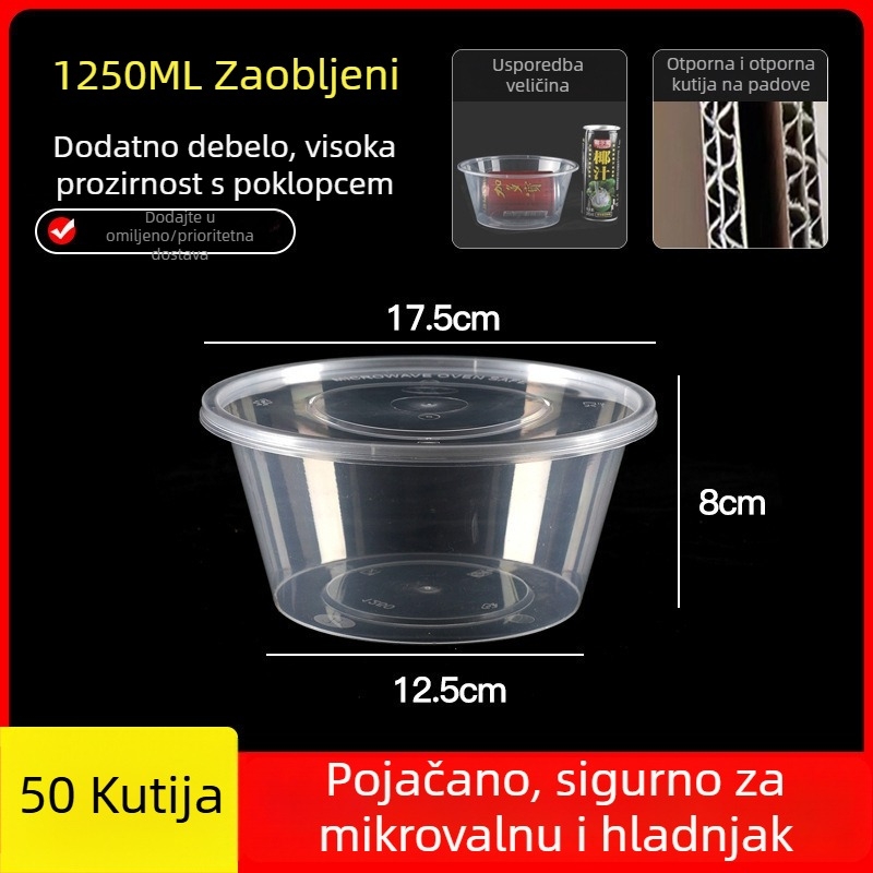 Jednokratna debela plastična kutija za obrok s poklopcem, pravokutni spremnik i okrugla zdjela za dostavu