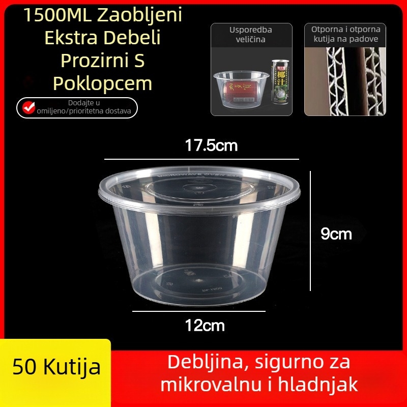 Jednokratna debela plastična kutija za obrok s poklopcem, pravokutni spremnik i okrugla zdjela za dostavu