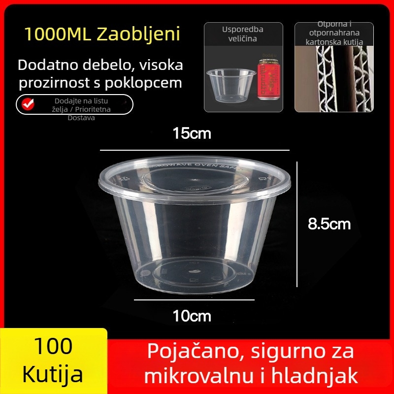Jednokratna debela plastična kutija za obrok s poklopcem, pravokutni spremnik i okrugla zdjela za dostavu