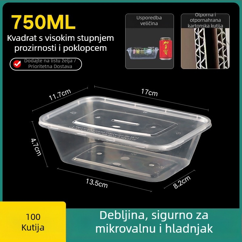Jednokratna debela plastična kutija za obrok s poklopcem, pravokutni spremnik i okrugla zdjela za dostavu