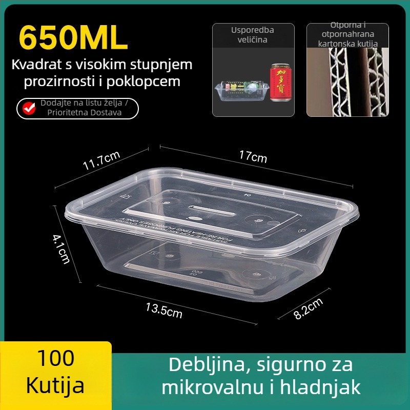 Jednokratna debela plastična kutija za obrok s poklopcem, pravokutni spremnik i okrugla zdjela za dostavu