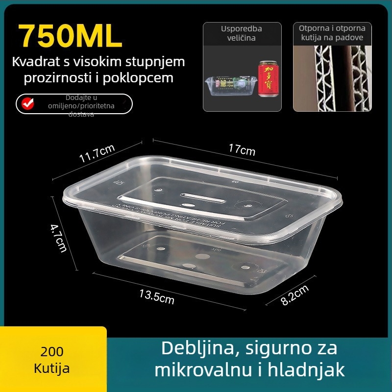 Jednokratna debela plastična kutija za obrok s poklopcem, pravokutni spremnik i okrugla zdjela za dostavu