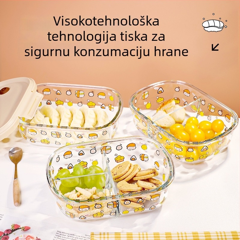 Staklena kutija za ručak, mikrotalasna kompatibilnost, ovalni oblik, kapacitet 800–1000 ml, visoko borosilikatno staklo, svježi i slatki stil, za uredske radnike
