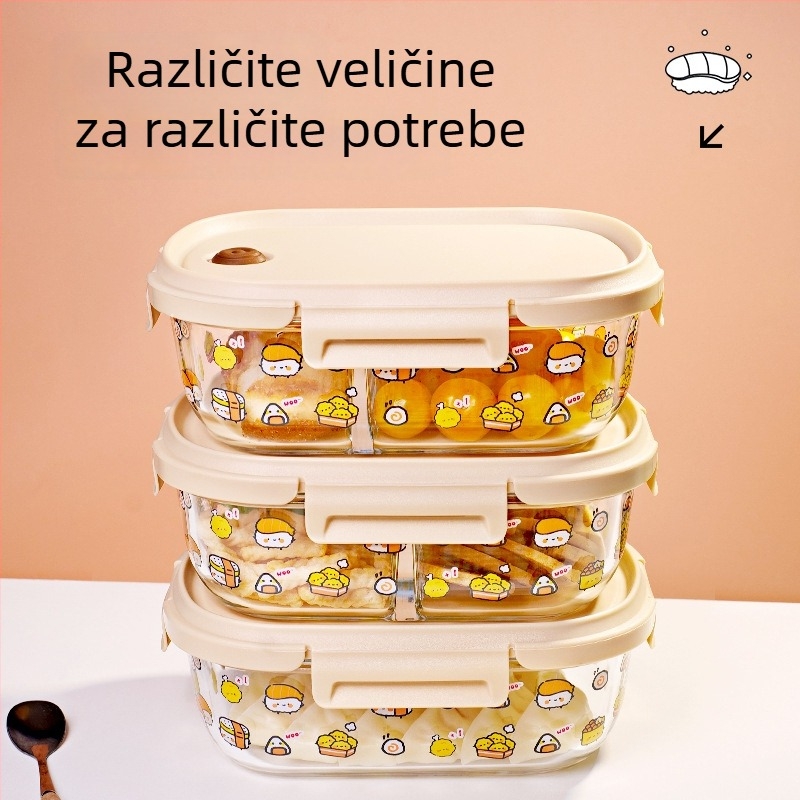 Staklena kutija za ručak, mikrotalasna kompatibilnost, ovalni oblik, kapacitet 800–1000 ml, visoko borosilikatno staklo, svježi i slatki stil, za uredske radnike