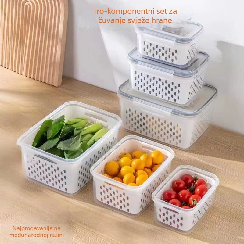 Set drenaznih košarica za očuvanje svježine i skladištenje, tri dijela, dvostruki sloj, kvadratnog oblika, 800–1000 ml, prikladno za mikrovalnu pećnicu
