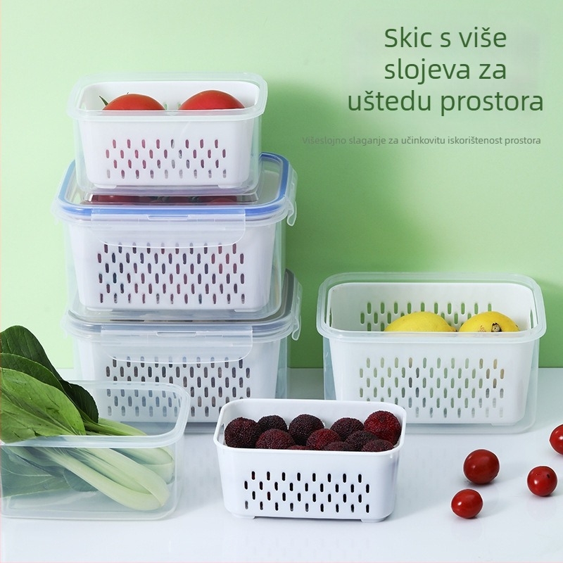 Set drenaznih košarica za očuvanje svježine i skladištenje, tri dijela, dvostruki sloj, kvadratnog oblika, 800–1000 ml, prikladno za mikrovalnu pećnicu