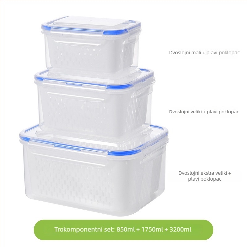 Set drenaznih košarica za očuvanje svježine i skladištenje, tri dijela, dvostruki sloj, kvadratnog oblika, 800–1000 ml, prikladno za mikrovalnu pećnicu