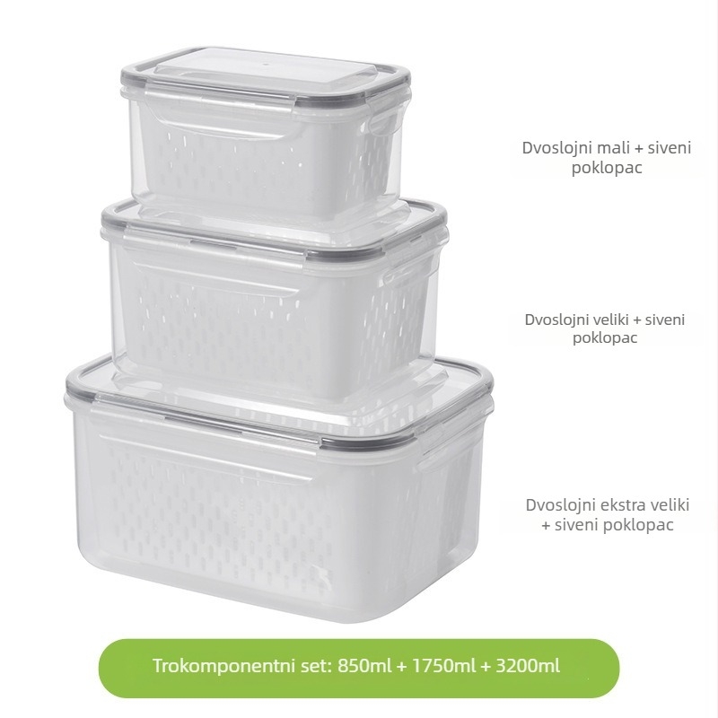 Set drenaznih košarica za očuvanje svježine i skladištenje, tri dijela, dvostruki sloj, kvadratnog oblika, 800–1000 ml, prikladno za mikrovalnu pećnicu