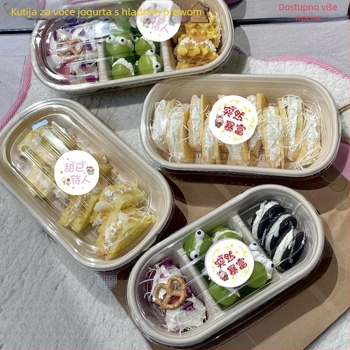 Kutija za desert za piknik s tri odjeljka: jogurt, voće i torta — mikrovalna pećnica: Ne; ispis logotipa: Dostupan; prilagodba: Ne; razgradivo: Ne