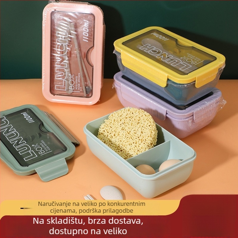 Dijeljena plastična kutija za ručak, pravokutnog oblika, kapaciteta 1–2 L, zatvorena i izolirana, s poklopcem, za studente i uredske djelatnike