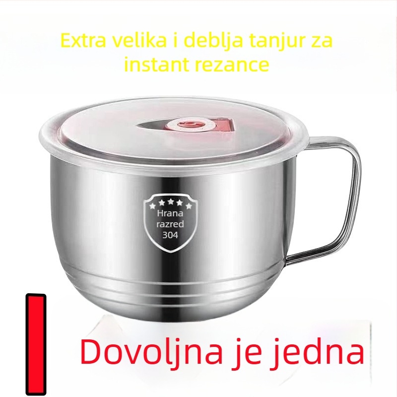 Nerđajući čelični zdjela za rezance s poklopcem, kapacitet 3,1–4 L, nije prikladna za mikrovalnu pećnicu, uključuje štapiće i žlicu