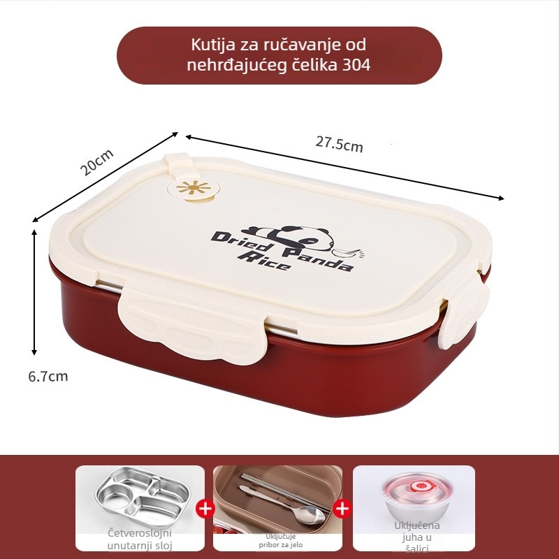 Kutija za ručak od 304 nehrđajućeg čelika, izolirana, pogodna za mikrovalnu pećnicu, 1-2L, kvadratična, Panda uzorak, za učenike i uredske djelatnike