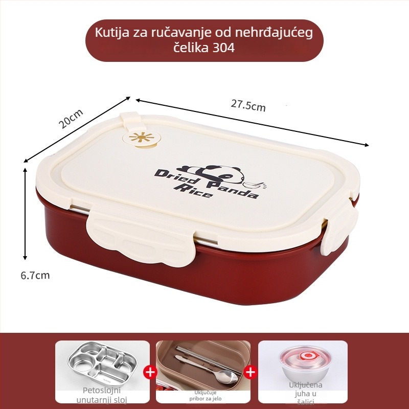Kutija za ručak od 304 nehrđajućeg čelika, izolirana, pogodna za mikrovalnu pećnicu, 1-2L, kvadratična, Panda uzorak, za učenike i uredske djelatnike
