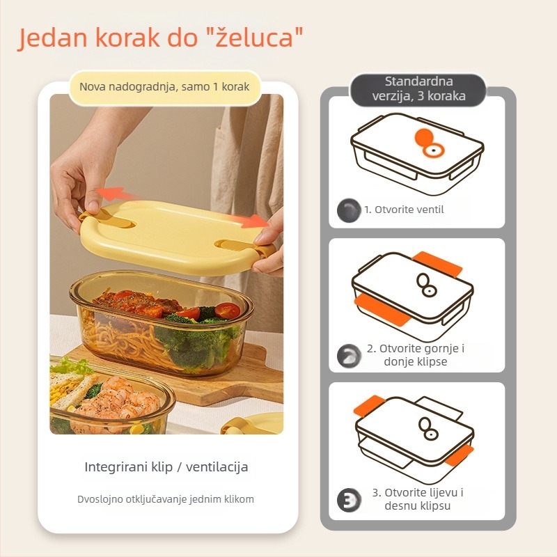 Staklena pravokutna kutija za obrok s poklopcem, podijeljena, pogodna za mikrovalnu, kapacitet 501–800 ml