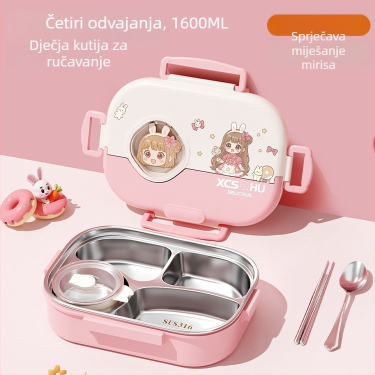 316 čelična izolirana kutija za obrok za učenike – karikatura pravokutnog dizajna, kompatibilna s mikrovalnom pećnicom, kapacitet 1–2 L, četverodijelna Bento kutija