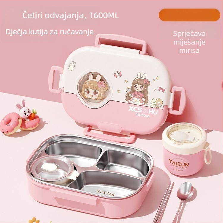 316 čelična izolirana kutija za obrok za učenike – karikatura pravokutnog dizajna, kompatibilna s mikrovalnom pećnicom, kapacitet 1–2 L, četverodijelna Bento kutija