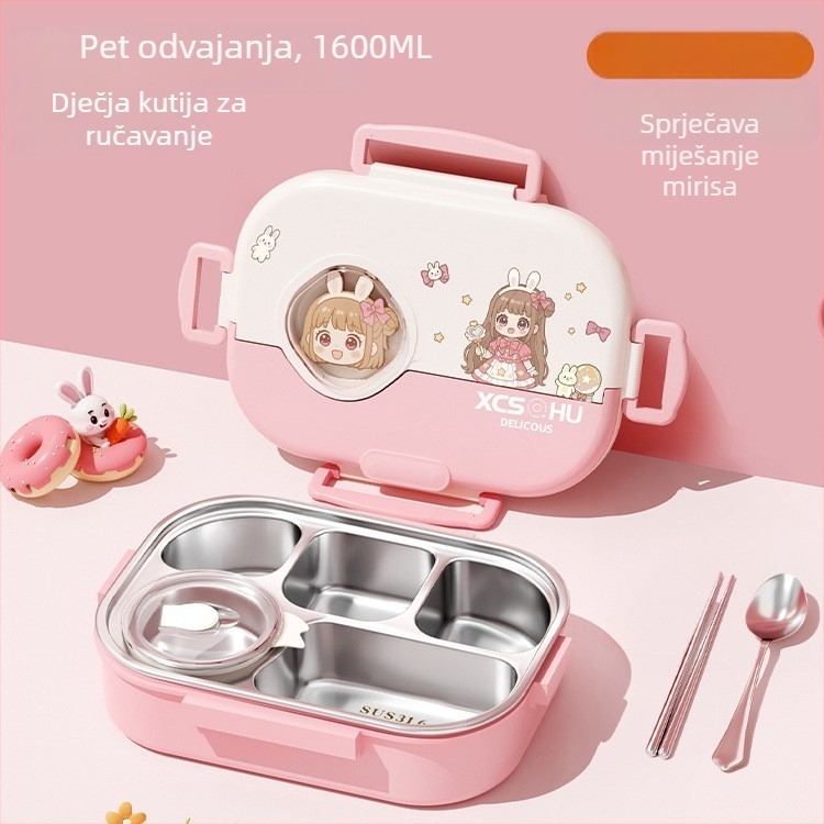 316 čelična izolirana kutija za obrok za učenike – karikatura pravokutnog dizajna, kompatibilna s mikrovalnom pećnicom, kapacitet 1–2 L, četverodijelna Bento kutija