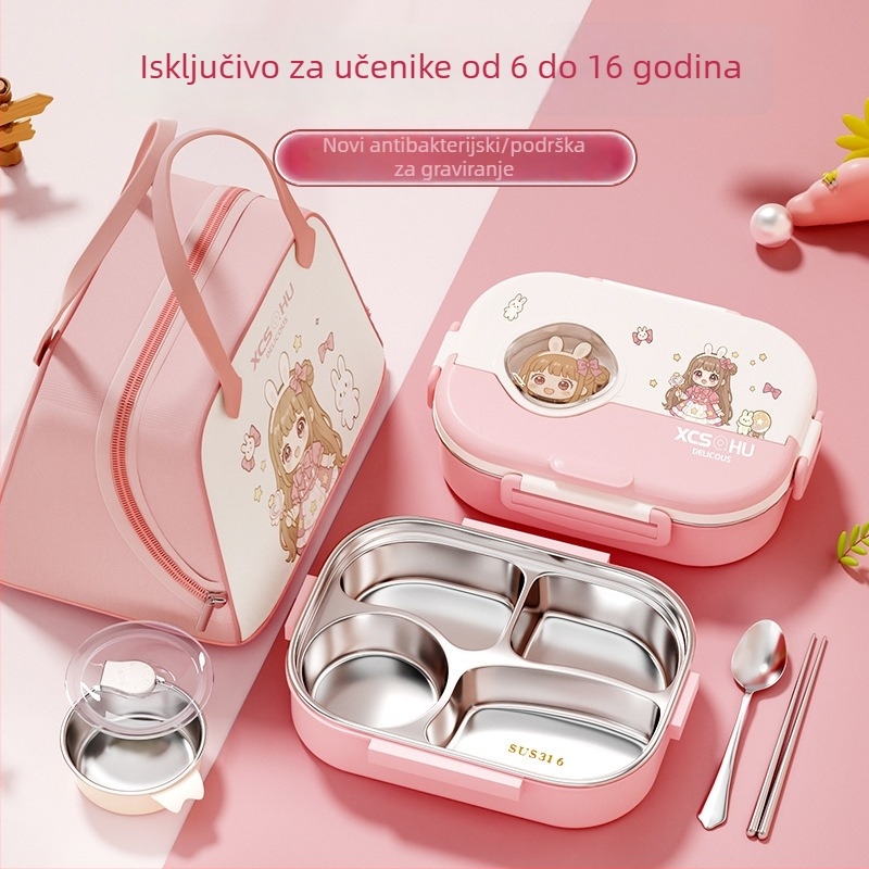 316 čelična izolirana kutija za obrok za učenike – karikatura pravokutnog dizajna, kompatibilna s mikrovalnom pećnicom, kapacitet 1–2 L, četverodijelna Bento kutija