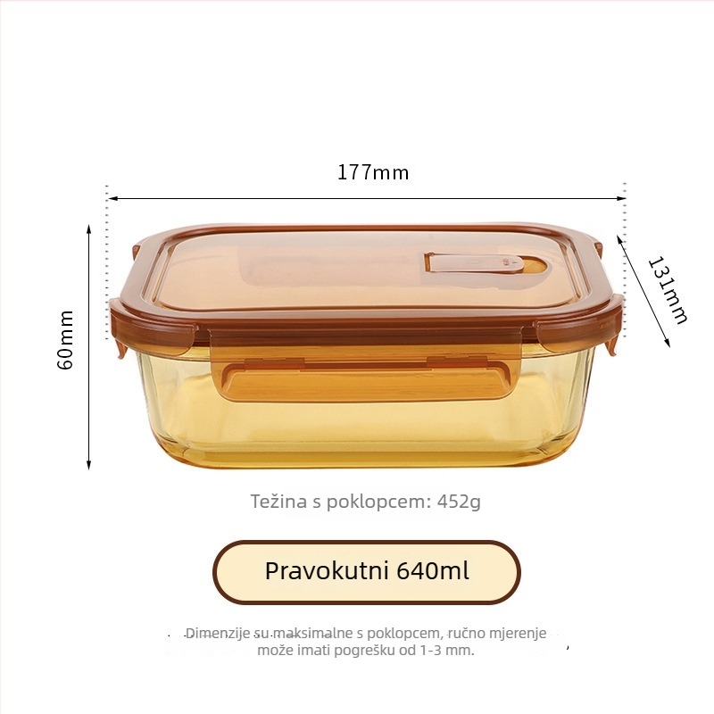 Jantarna staklena kutija za obrok, mikrovalna pećnica kompatibilna, zatvorena, 800-1000 ml, za ured i školu