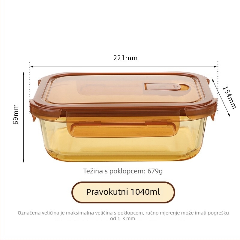 Jantarna staklena kutija za obrok, mikrovalna pećnica kompatibilna, zatvorena, 800-1000 ml, za ured i školu