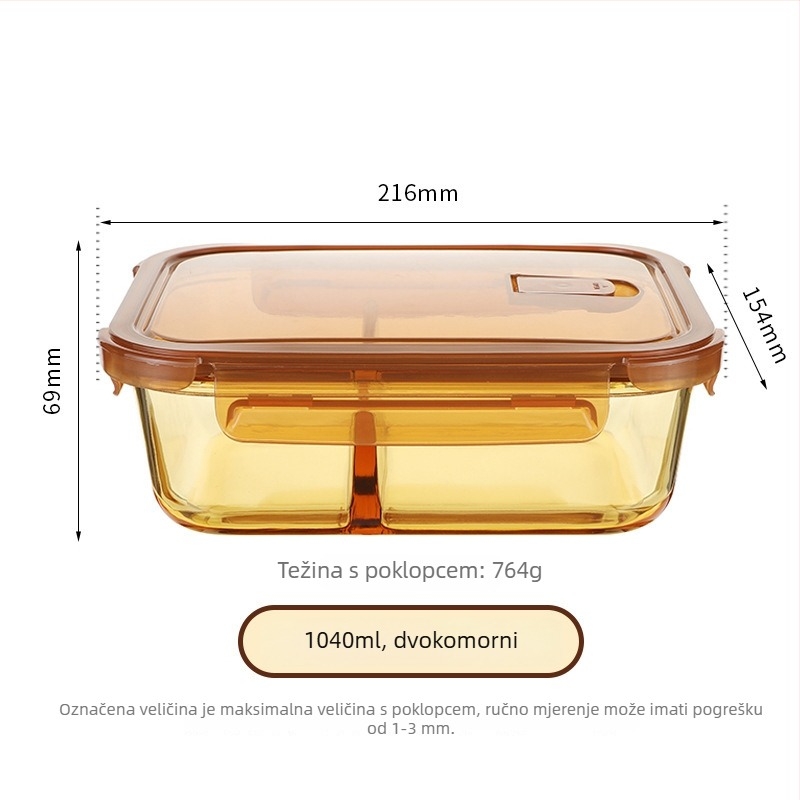 Jantarna staklena kutija za obrok, mikrovalna pećnica kompatibilna, zatvorena, 800-1000 ml, za ured i školu